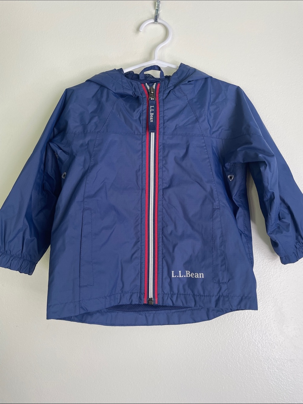L.L. Bean Navy Hooded Kids Raincoat with Striped Zip